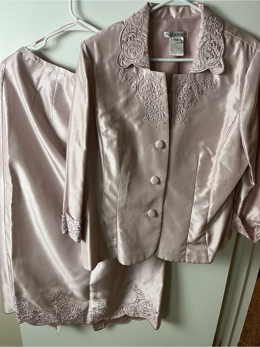 Women's Blush Pink Embroidered Satin Jacket & Skirt Set